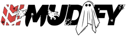 Halloween graphic featuring a white ghost, black and white cats, spiders, and red geometric lettering