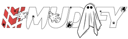 Mudify logo with stylized white lettering, red and black accents, and ghost and monster illustrations