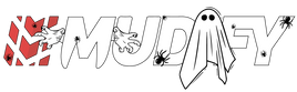 Mudify logo with stylized white lettering, red and black accents, and ghost and monster illustrations
