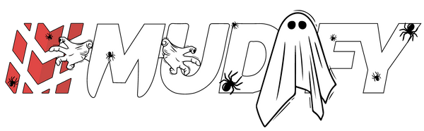 Mudify logo with stylized white lettering, red and black accents, and ghost and monster illustrations