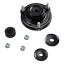 Black steel suspension strut mount with rubber bushing, washers, and nuts for off-road vehicle suspension assembly.