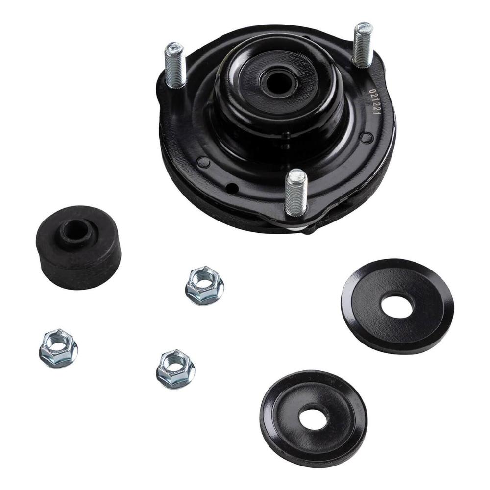 Black steel suspension strut mount with rubber bushing, washers, and nuts for off-road vehicle suspension assembly.