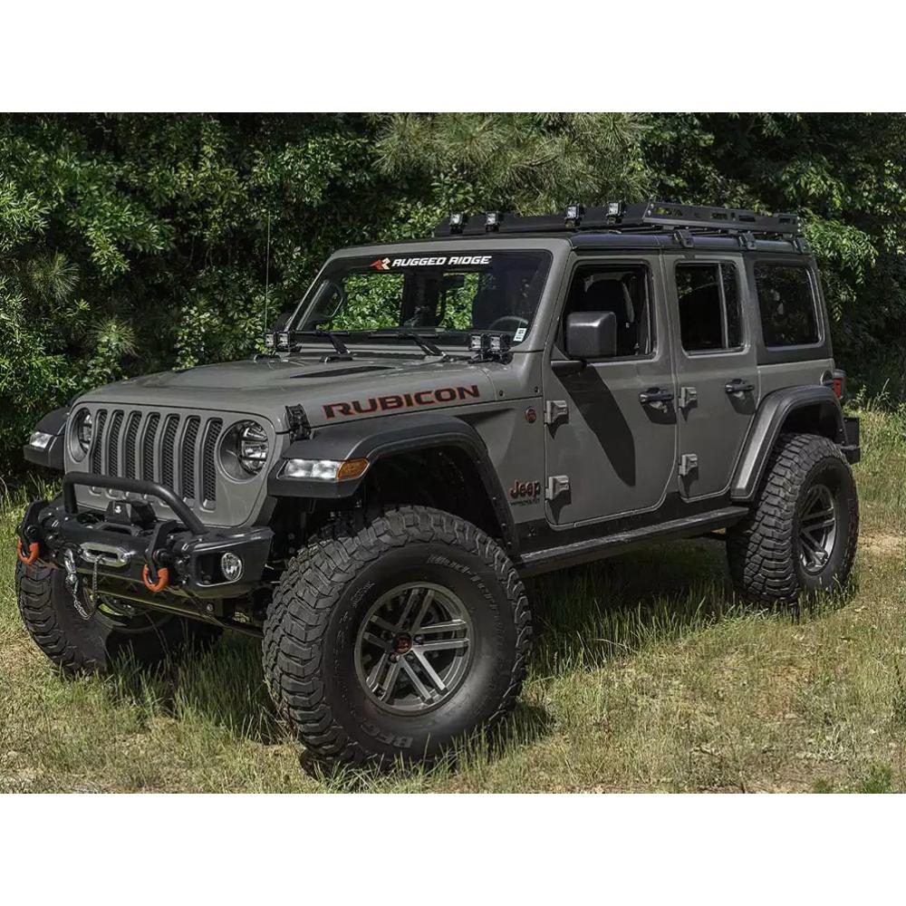 Rugged Ridge Roof Rack with Basket for Jeep Wrangler JL 4D Hardtop (18-25) steel construction with off-road light mounts
