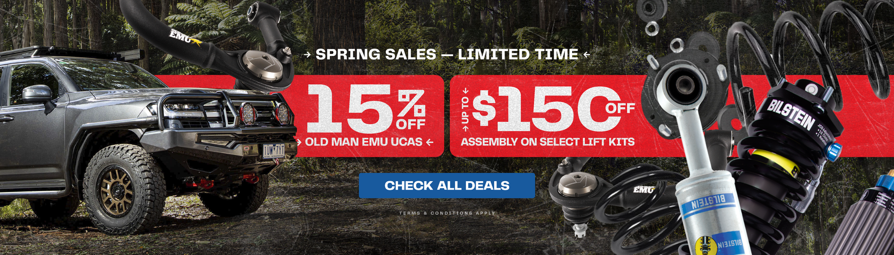 Lifted gray Toyota Tacoma off-road truck with aftermarket suspension components including Bilstein shocks and springs displayed alongside sale banner.