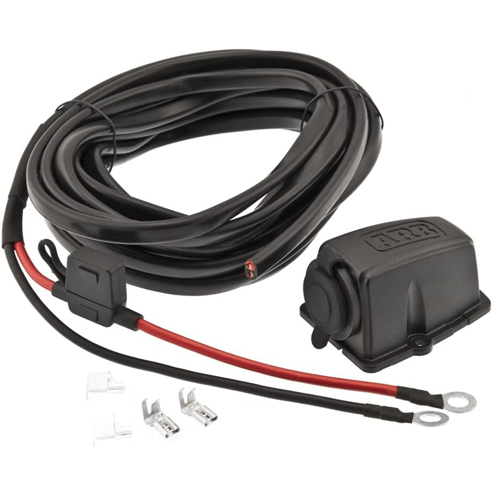 An ARB Threaded Socket Surface Mount Outlet for ARB Fridge 10900028, a high quality wiring harness designed for easy installation, featuring a black color and red and black wires.