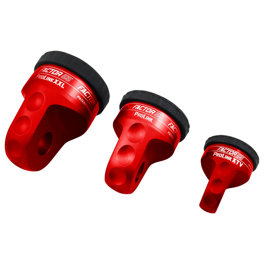 A set of Factor 55 ProLink XXL Shackle Mount Assemblies in Red 00210-01 made from 6000 series billet aluminum on a white background.