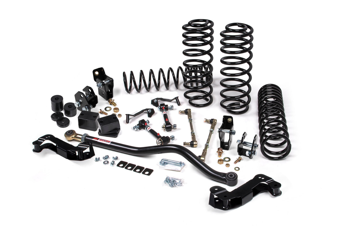 A JKS suspension system kit for a Jeep Wrangler JL (18-ON) 4 Door with offroad articulation and springs.