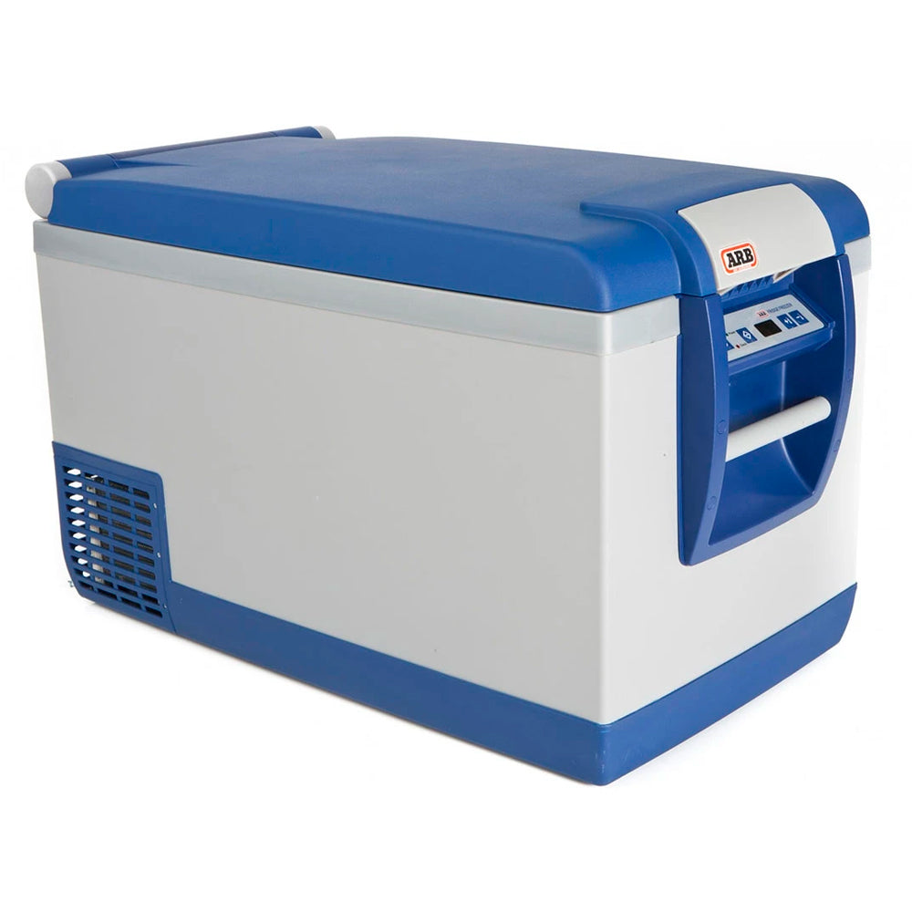 An SEO-friendly ARB Fridge Freezer 82 Qt 10800782 description of a blue and white cooler featuring keywords on a white background.