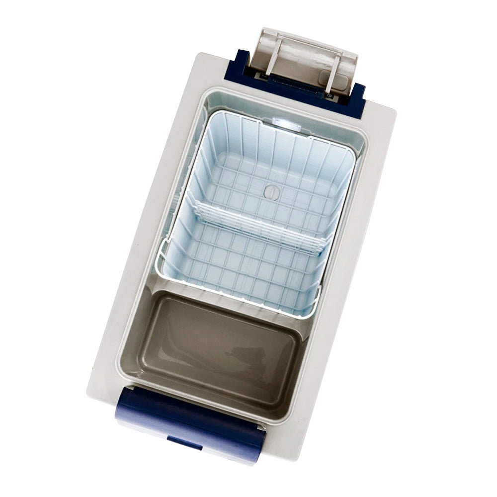 A blue and white ARB Fridge Freezer 82 Qt 10800782 with a blue lid. Perfect for product descriptions! Incorporating relevant keywords like "blue lid" and "refrigerator" can boost your SEO efforts.