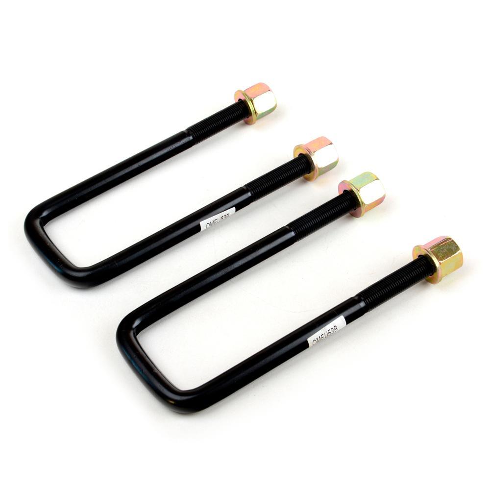 A pair of Old Man Emu leaf springs U-bolt rear OMEU53A on a white background, enhancing the suspension range.