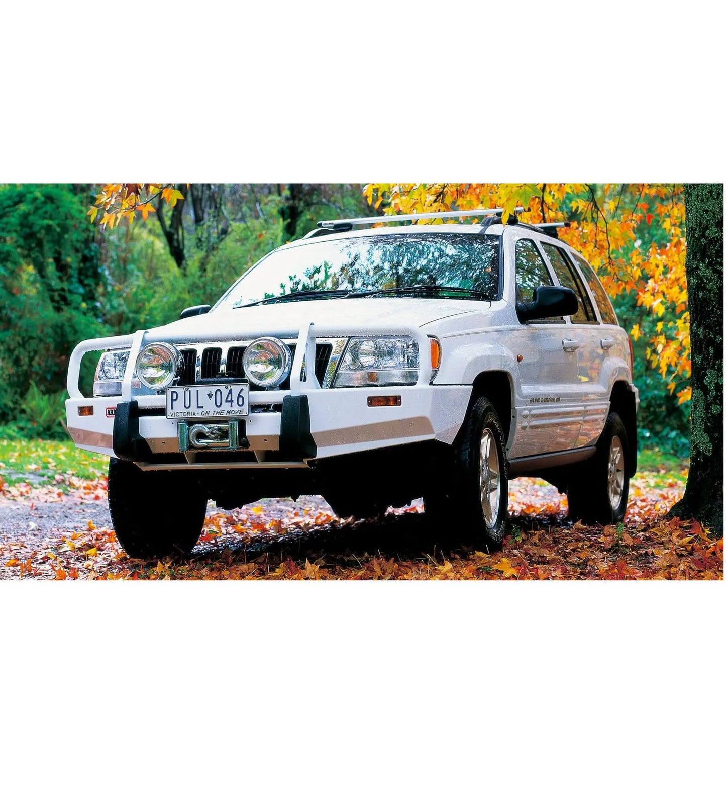 An Old Man Emu white jeep parked in the autumn leaves with ARB Front Coil Springs 2935 for Jeep Grand Cherokee WJ & WG (1999- 2004) - V6 & V8 PETROL ENGINES ride height increases.