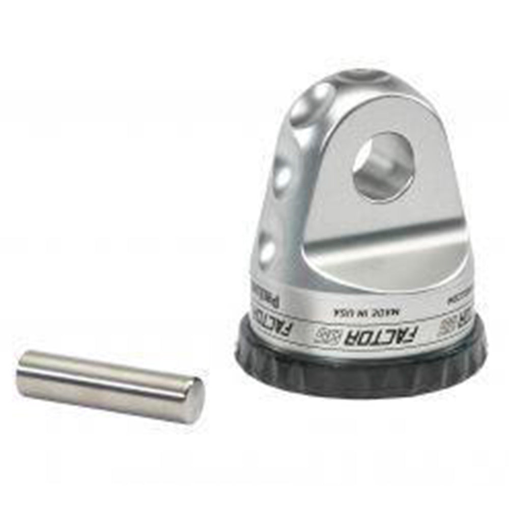 A Factor 55 Shackle Mount in Silver 00015-05, a stainless steel clamp with a metal rod and a pin, commonly used in the assembly of recovery straps.