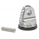 A Factor 55 Shackle Mount in Silver 00015-05, a stainless steel clamp with a metal rod and a pin, commonly used in the assembly of recovery straps.