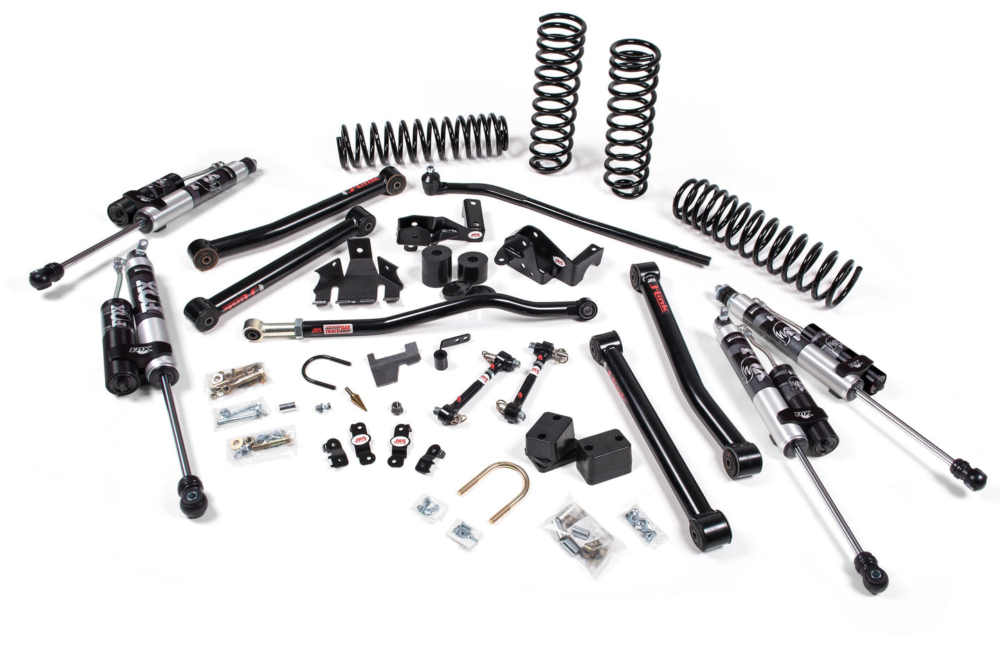 A JKS suspension system for a Jeep designed to enhance offroad articulation and optimize steering angles with springs.