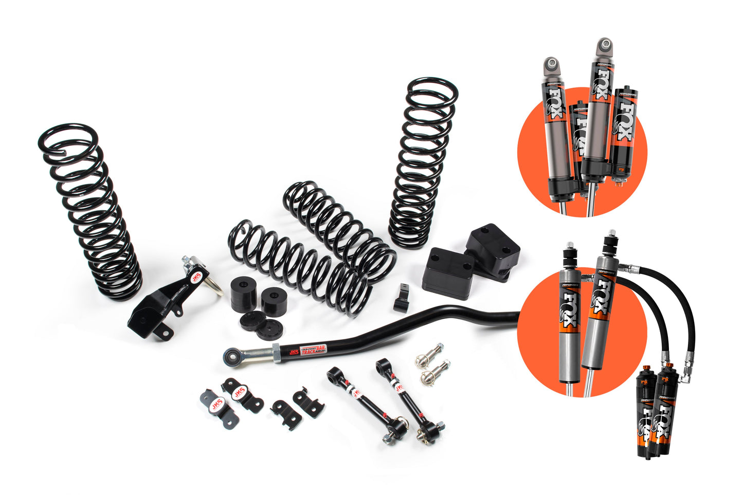 A set of JKS 2.5 Inch Jeep Wrangler JK (06-18) 4 Door J-Venture Lift Kit, designed by JKS, to optimize the suspension system and enhance offroad articulation.