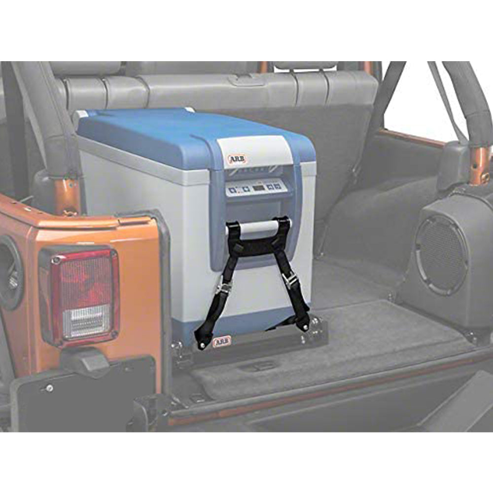 A convenient ARB Fridge Freezer Slide 37/50 Quart 10900021 installed on a fridge slide in the back of a jeep, allowing for easy access and efficient storage.