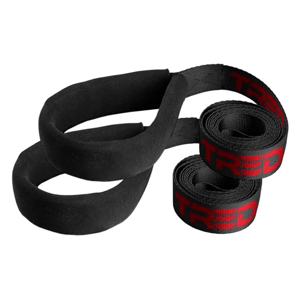 A pair of ARB TRED TL1500 leashes in black and red, used as a recovery device for vehicles on a white background.