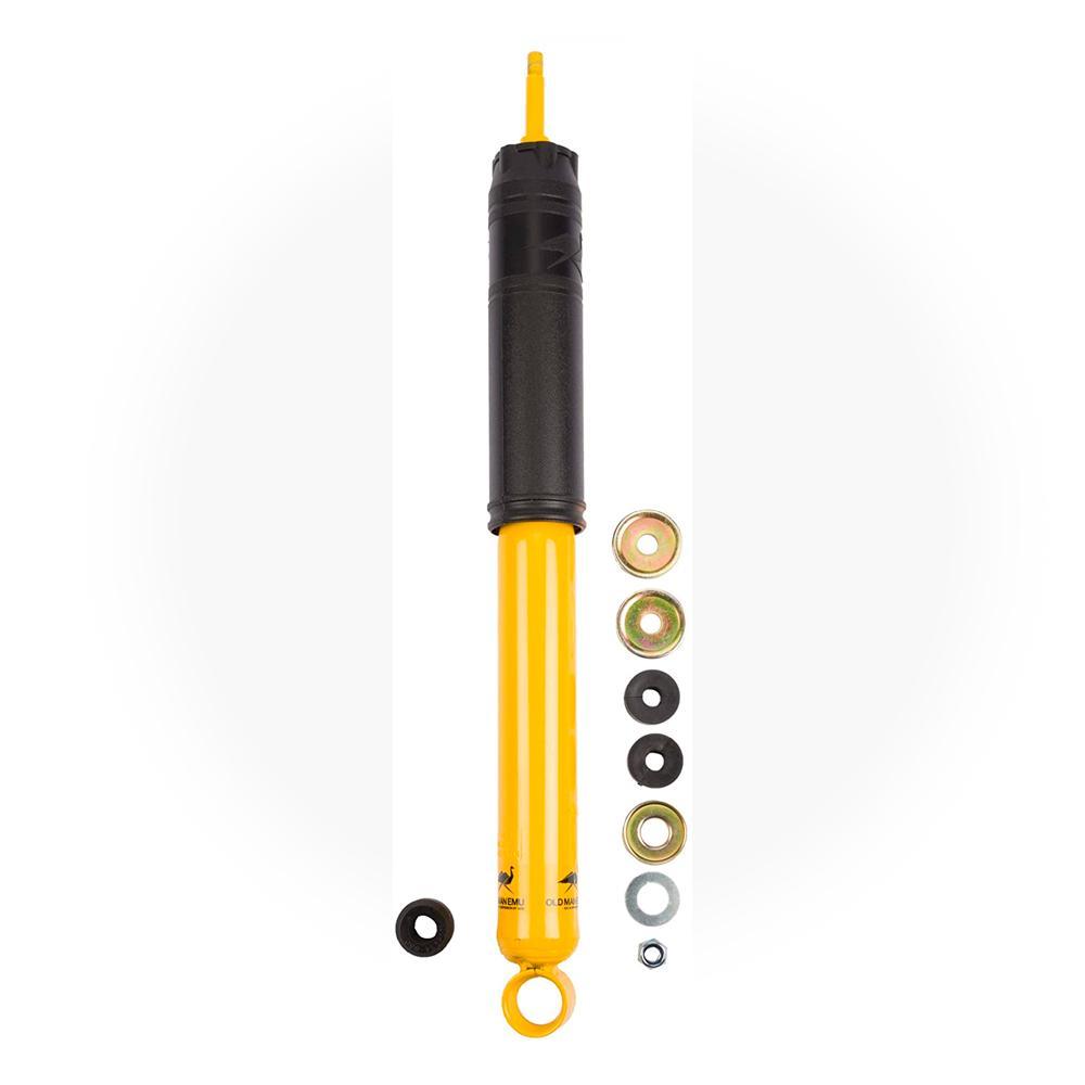 An Old Man Emu yellow shock absorber with a bolt and nut, featuring high-quality oil.