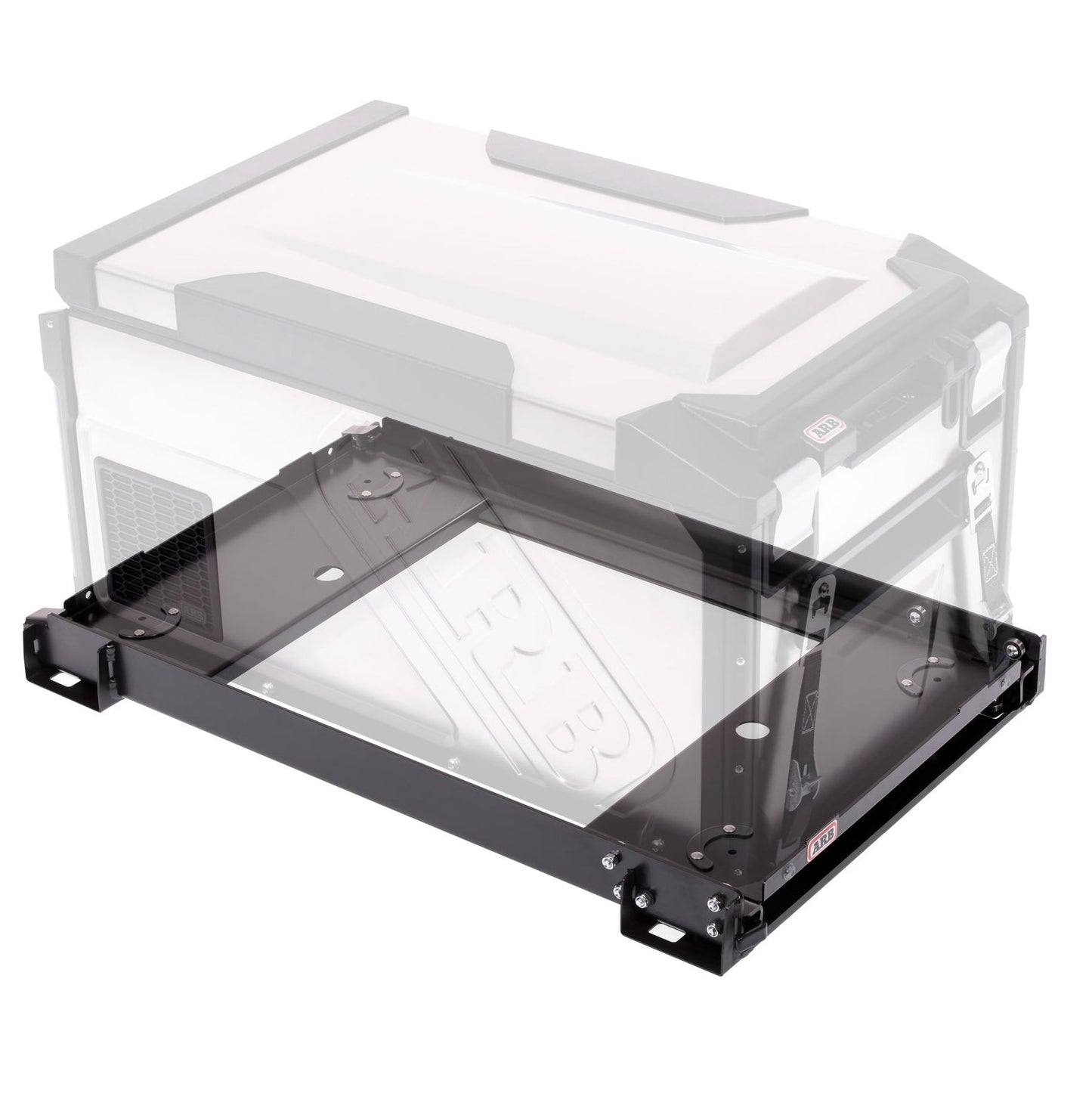 An ARB Portable Fridge Freezer Slide For Use w/Elements 63QT 10900040, a black plastic case with a drain and lid for easy access while preventing dust ingress.