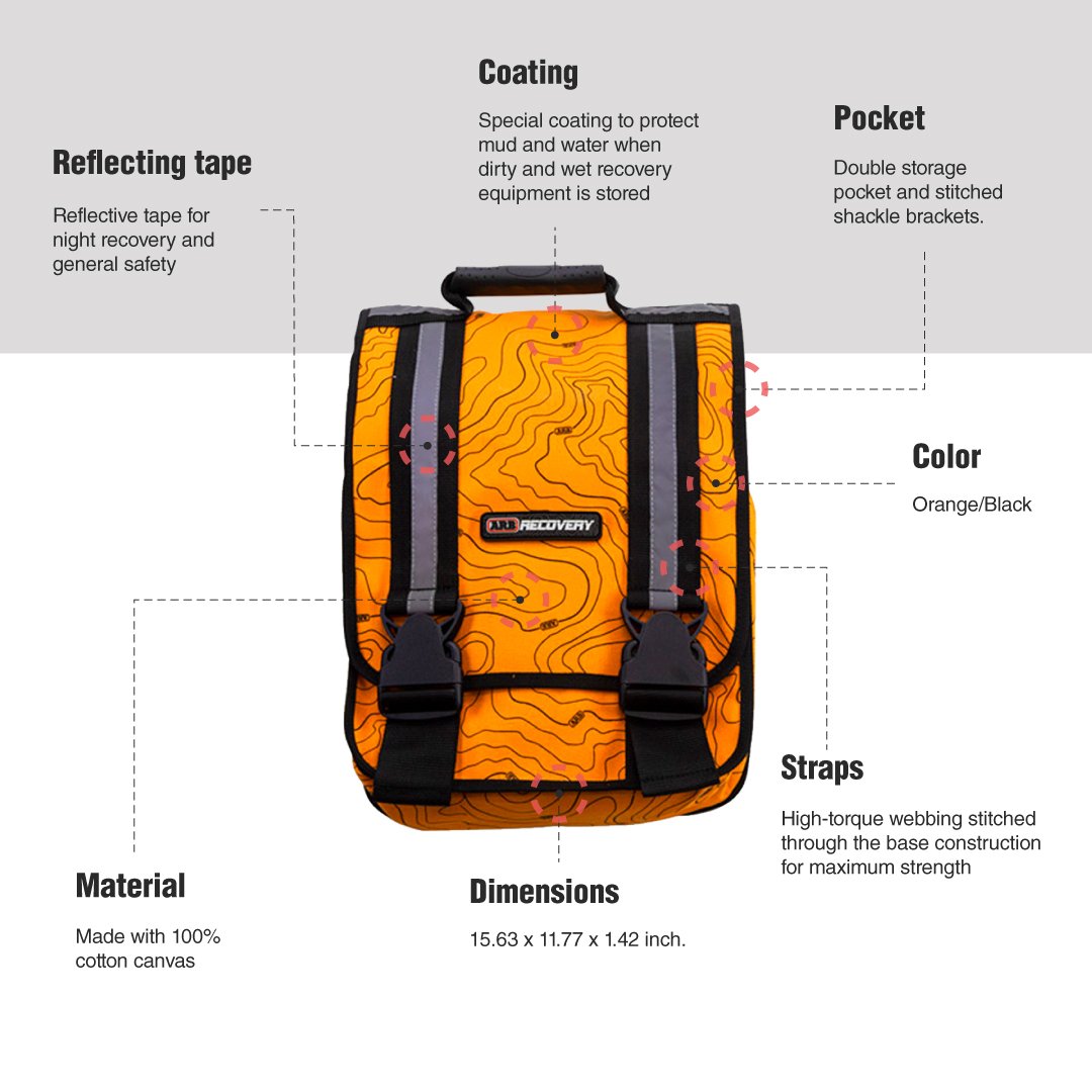 A waterproof diagram highlighting the compact features of the ARB Compact Recovery Bag ARB503A.