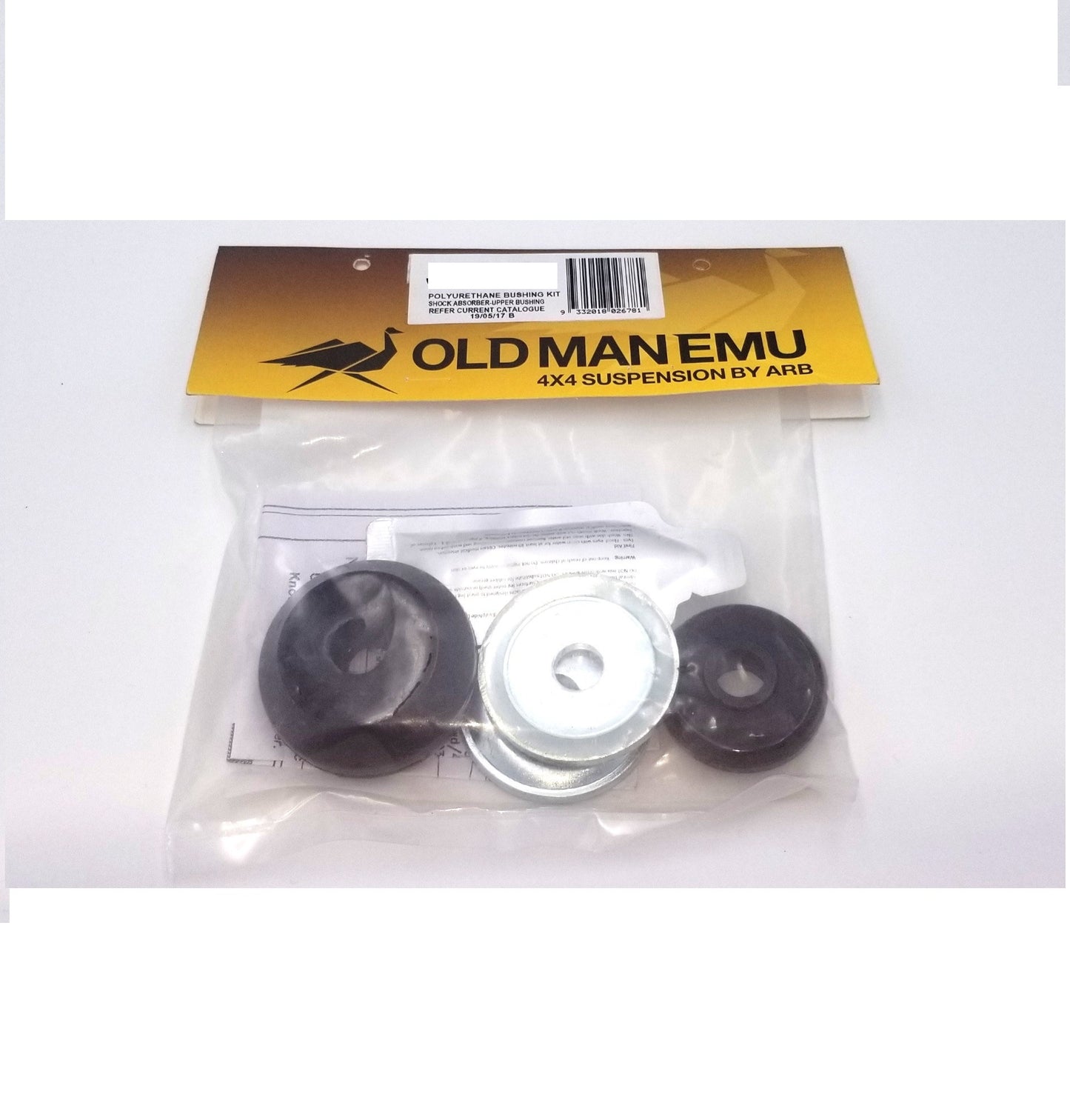 A package of Old Man Emu Upper Strut Bushing OME3125 for Toyota Landcruiser 200 series muffler bushings and washers.
