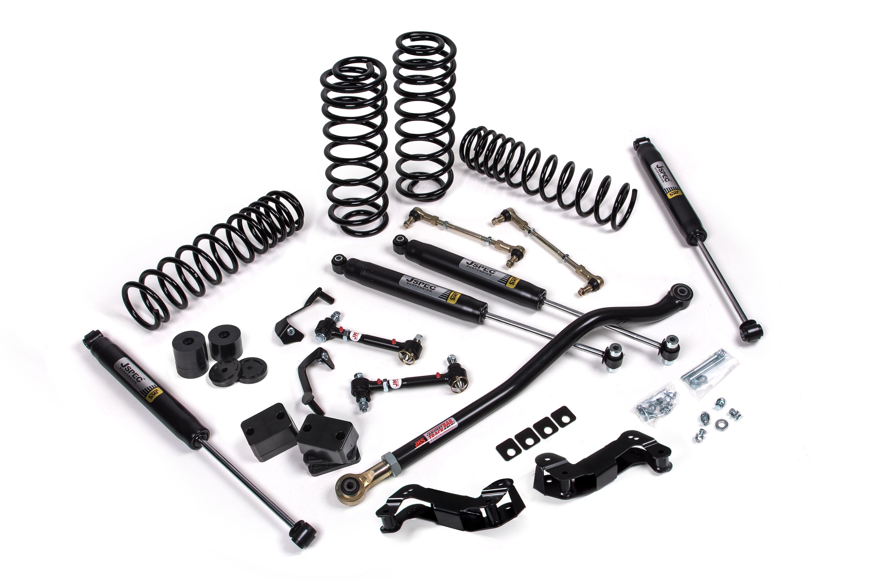 A JKS suspension kit for a Jeep designed to enhance offroad articulation and optimize the suspension system.