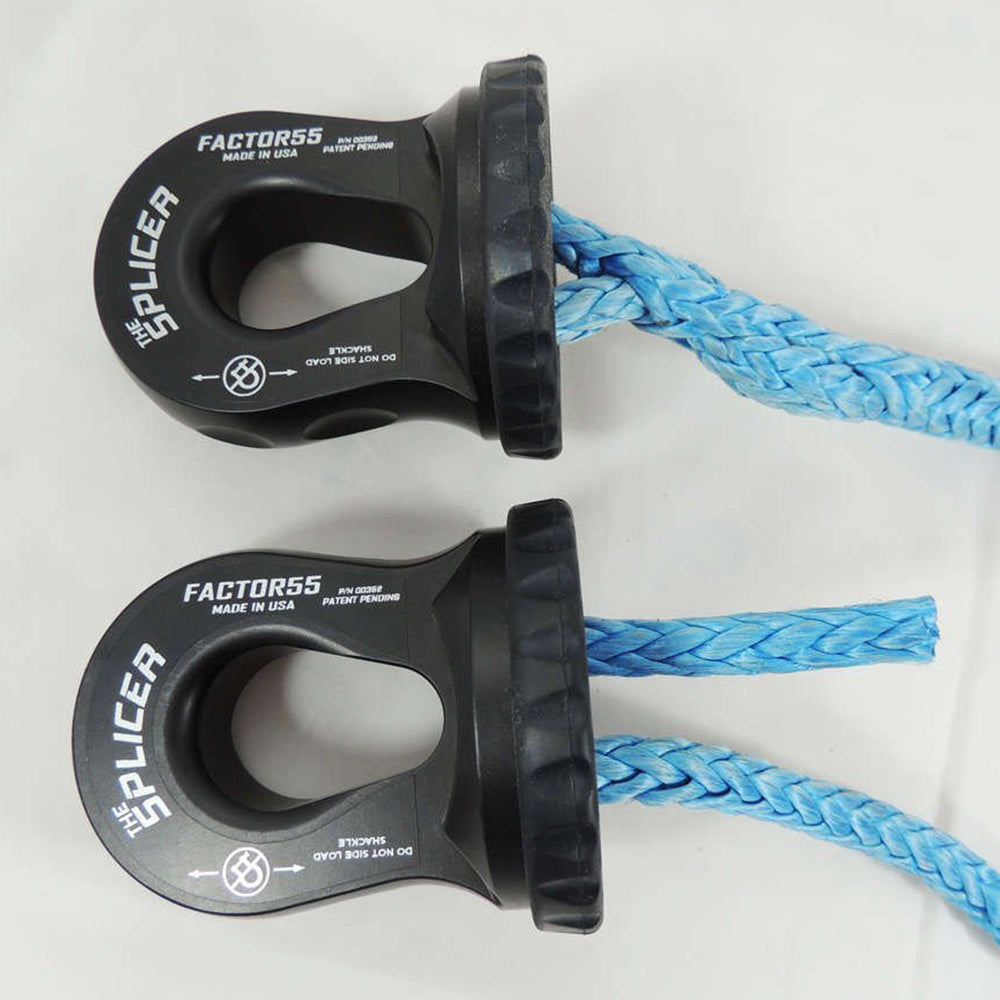 Two Factor 55 Splicer Shackle Mount Thimble in Gray 00352-06 synthetic winch ropes on a white surface.