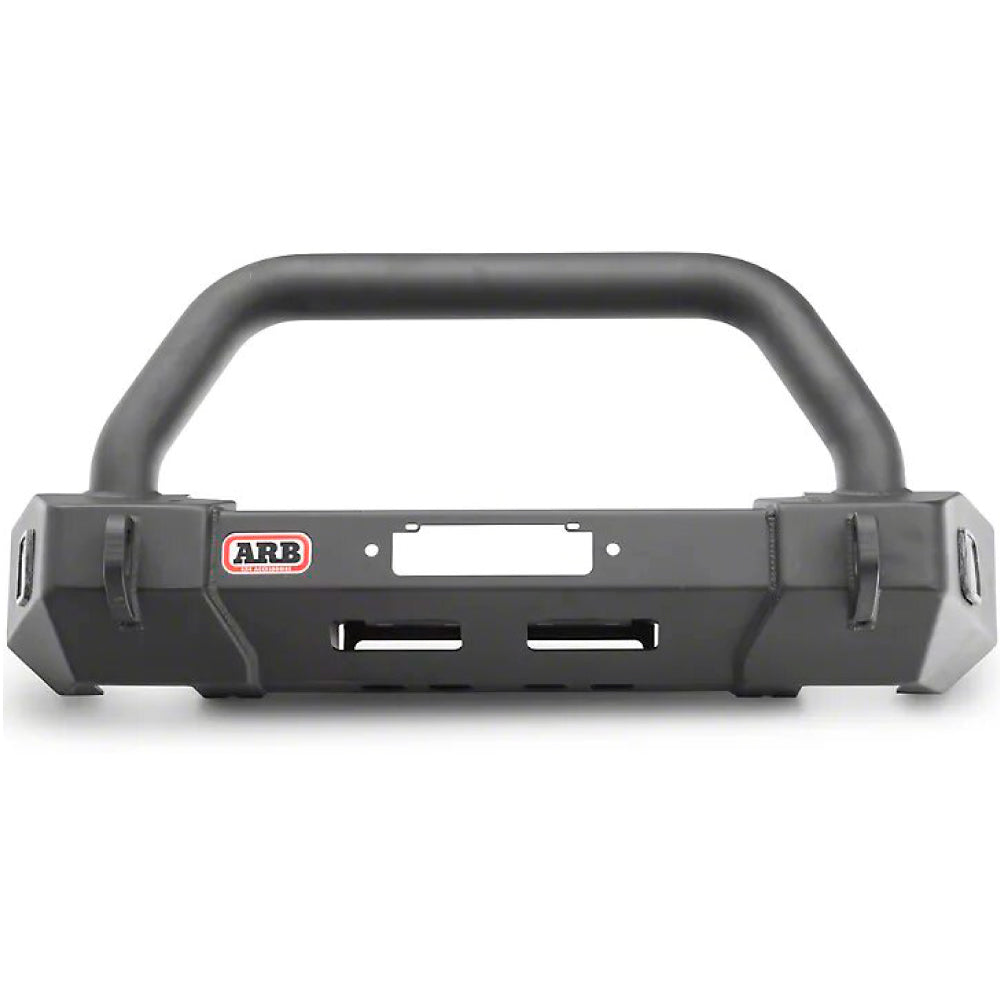 A black Classic Stubby Front Bumper For Jeep Wrangler JL 2018-2021, Gladiator 2020-2021 by ARB with D-Ring Mounts and a Winch Plate.