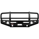 A durable steel construction ARB black bumper for a pickup truck, featuring a Deluxe Bull Bar Winch Bumper For Toyota Tundra 2007-2013 ARB 3415010.