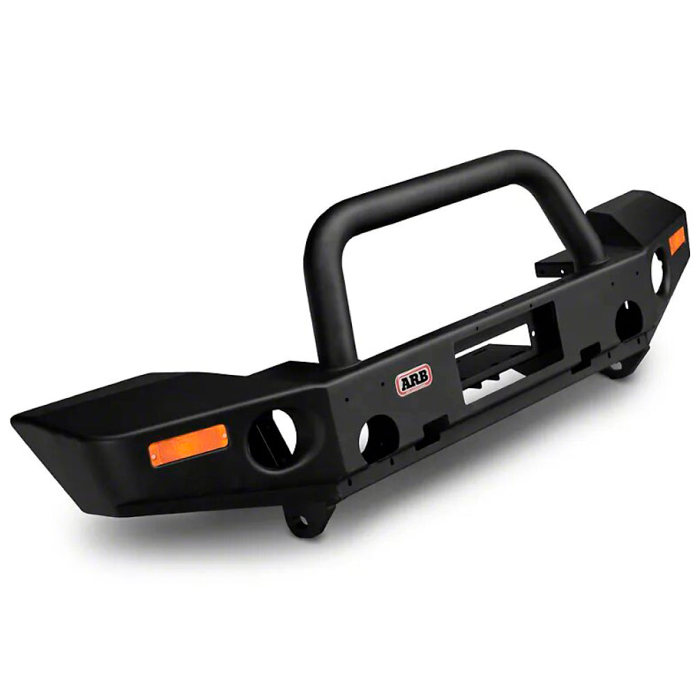 An electric black Front Deluxe Winch Bar for a Jeep Wrangler JK (2007-2020) ARB 3450260.