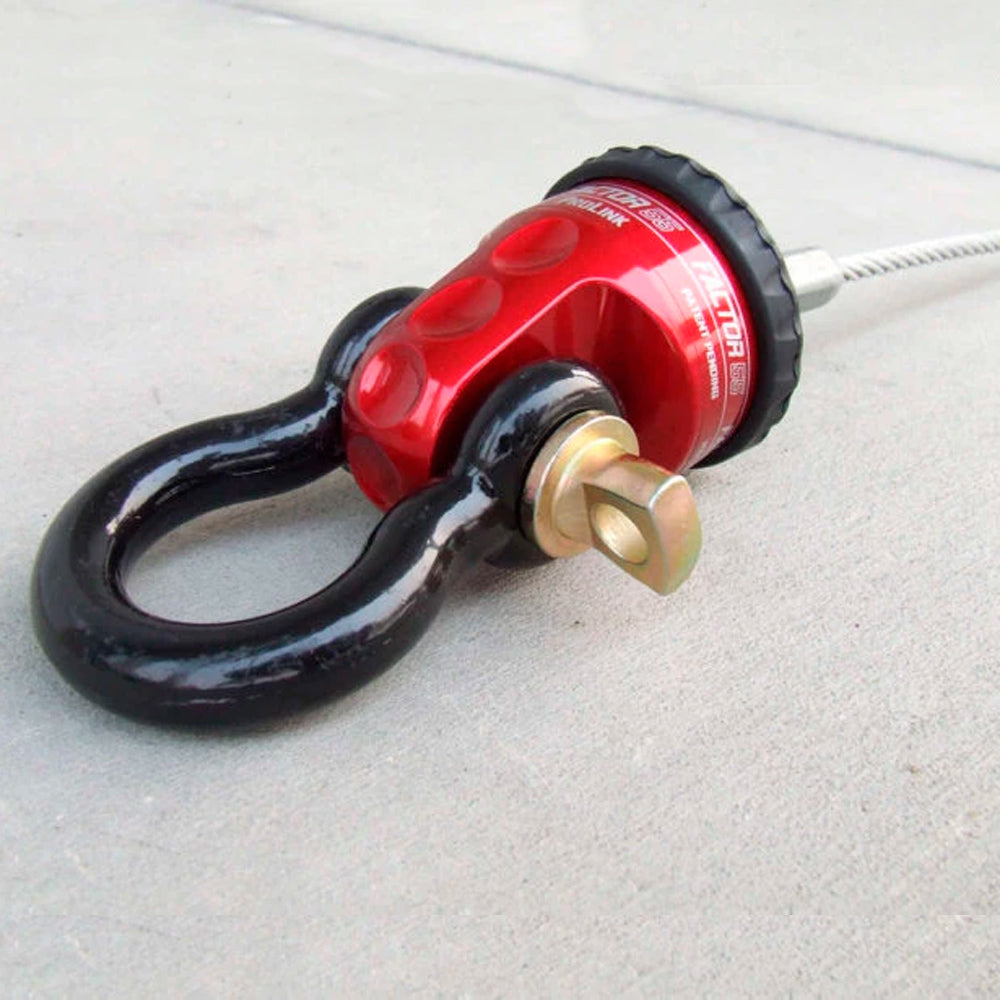 A red and black Factor 55 Shackle Mount in Red 00015-01 with a black handle, suitable for recovery straps.