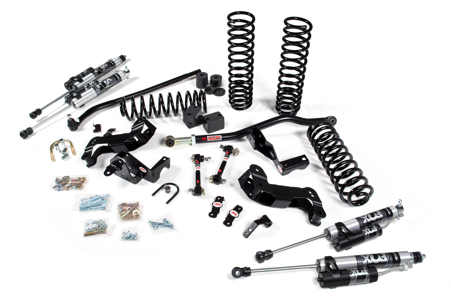 A JKS 3.5 Inch Jeep Wrangler JK (06-18) 4 Door J-Kontrol Lift Kit with springs designed for offroad articulation and improved handling.
