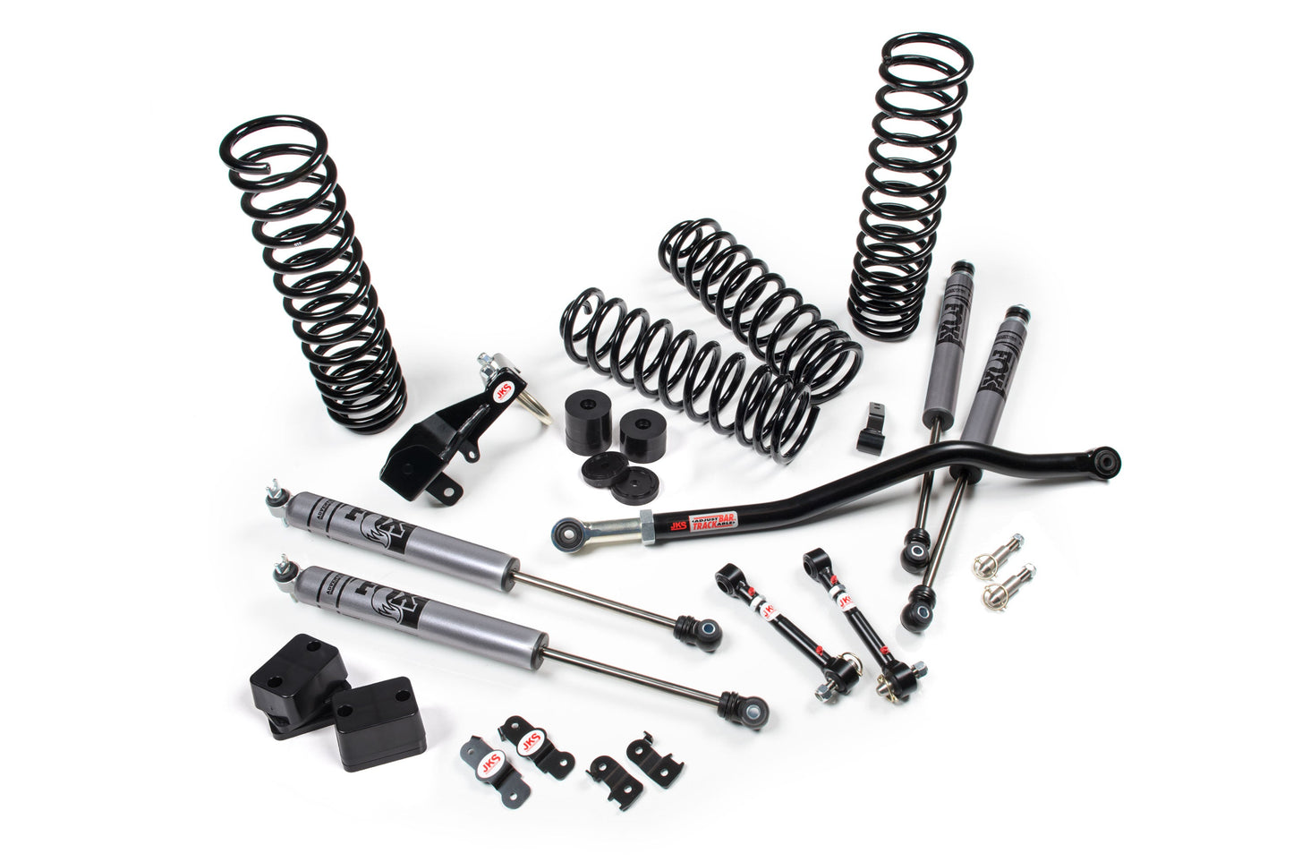 A JKS suspension system for a Jeep Wrangler JK (06-18) 4 Door J-Venture Lift Kit with offroad articulation and springs.