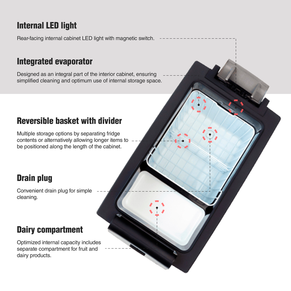 An illustrative diagram showcasing the ARB Classic Series II 63 Quarts Portable Fridge Freezer Electric Powered 12V/110V 10801602 in a distinctive gun-metal color with Bluetooth connectivity.
