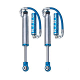 A pair of King Shocks Rear 2.5 Remote Reservoir Shocks (PAIR) for Toyota 4Runner, FJ Cruiser, Landruiser 200 Series with bolt-on installation, showcased on a white background.