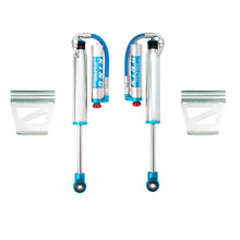 Load image into Gallery viewer, A lightweight pair of King Shocks Rear 2.5 Remote Reservoir Shocks w/Adjuster (PAIR) in blue and white with bolt-on installation.