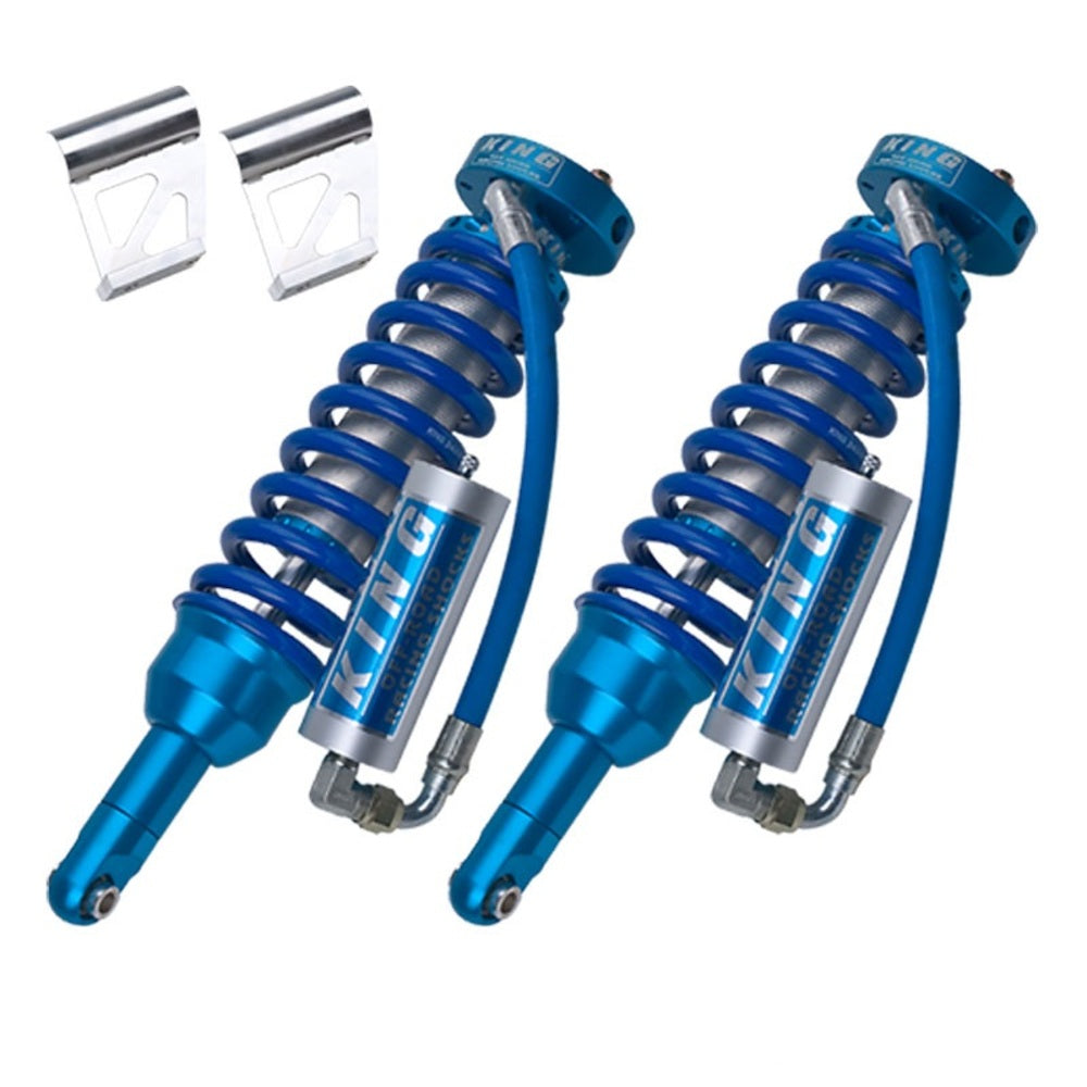 A pair of King Shocks Front 2.5 Remote Reservoir Coilover (PAIR) for Toyota 4Runner, FJ Cruiser, ideal for shock upgrade kits and enhancing its suspension system.