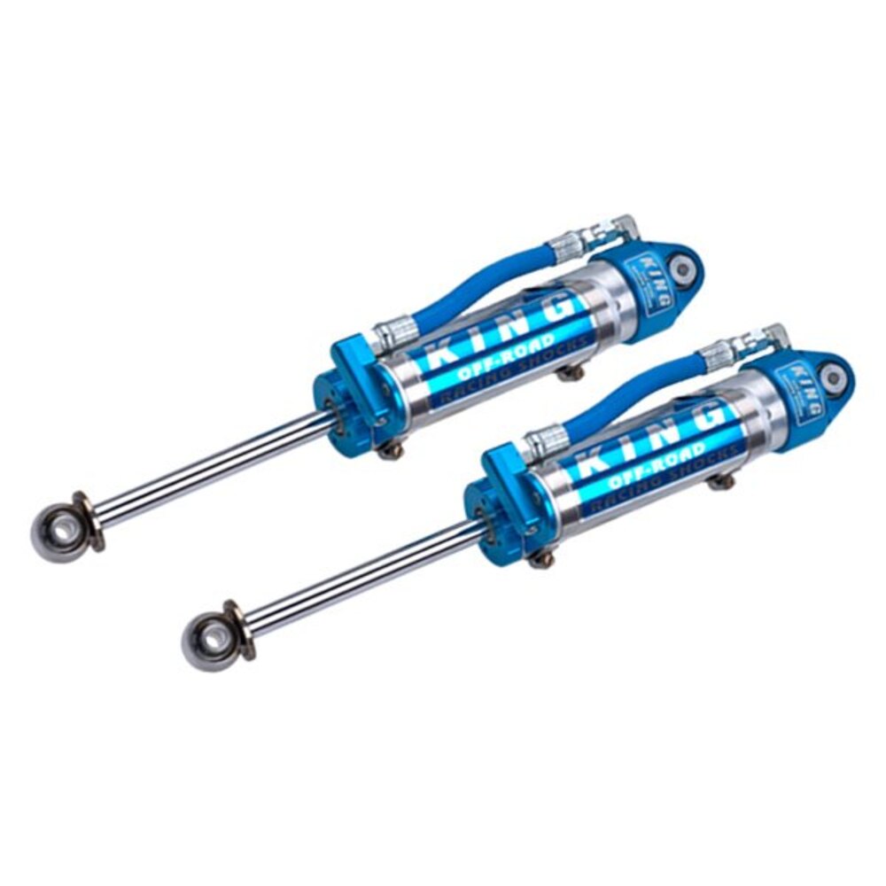 A pair of King Shocks Rear 2.5 Remote Reservoir Shocks (PAIR) for Toyota Landruiser 200 Series with a bolt-on suspension system on a white background.