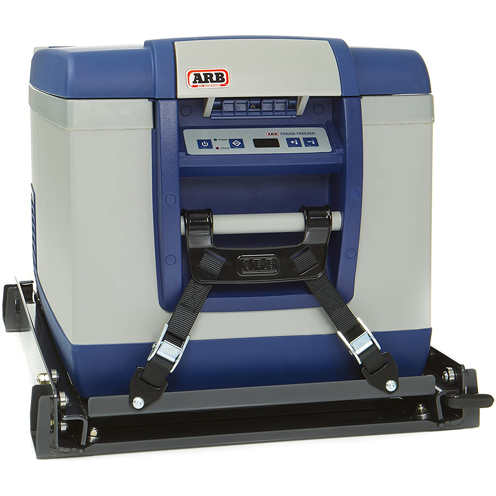 An ARB Fridge Freezer Slide 37/50 Quart 10900021 equipped with wheels for easy access.