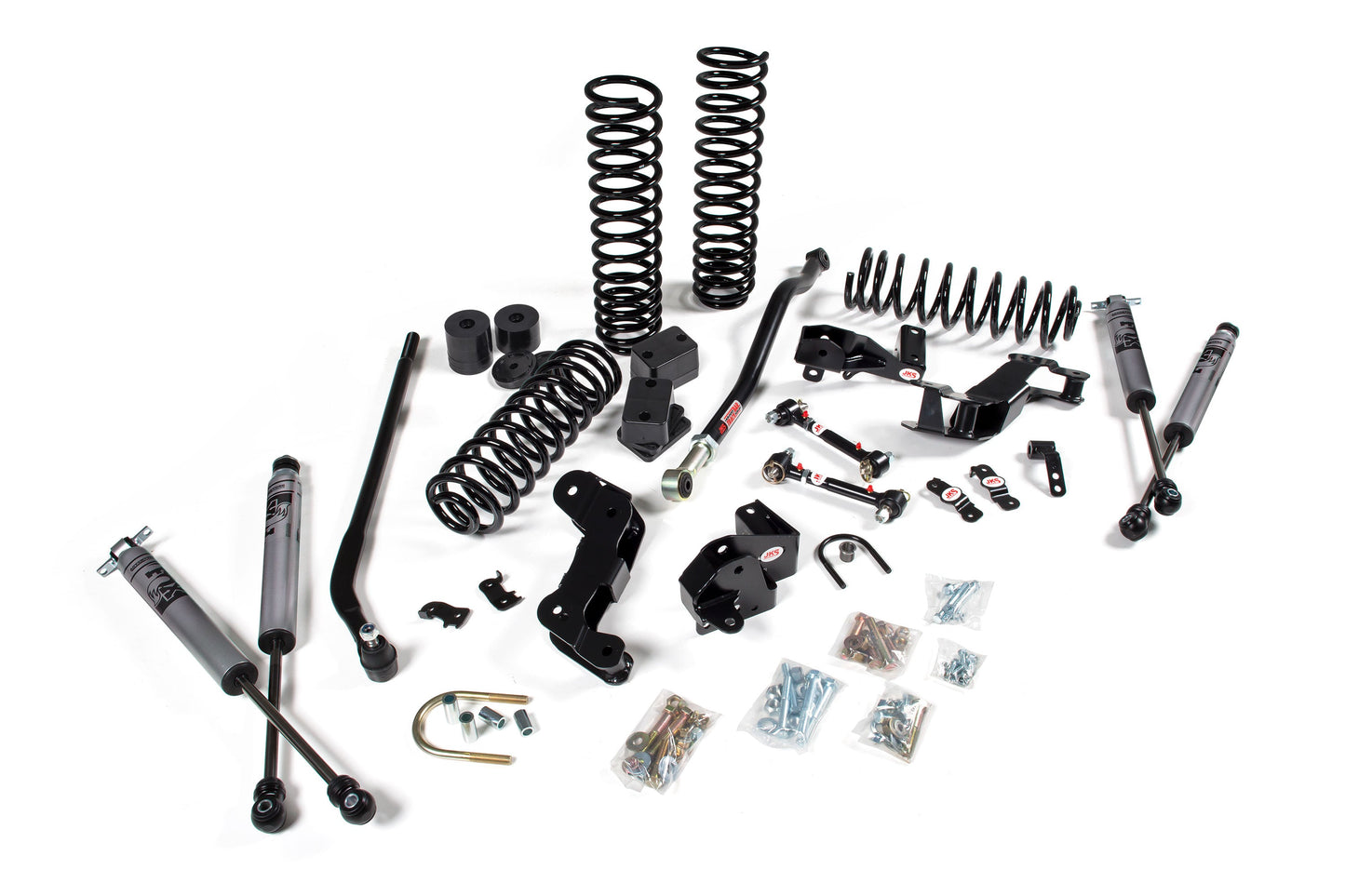 A JKS J-Kontrol Lift Kit for a Jeep Wrangler JK (06-18) 4 Door designed to improve offroad articulation and handling with springs.