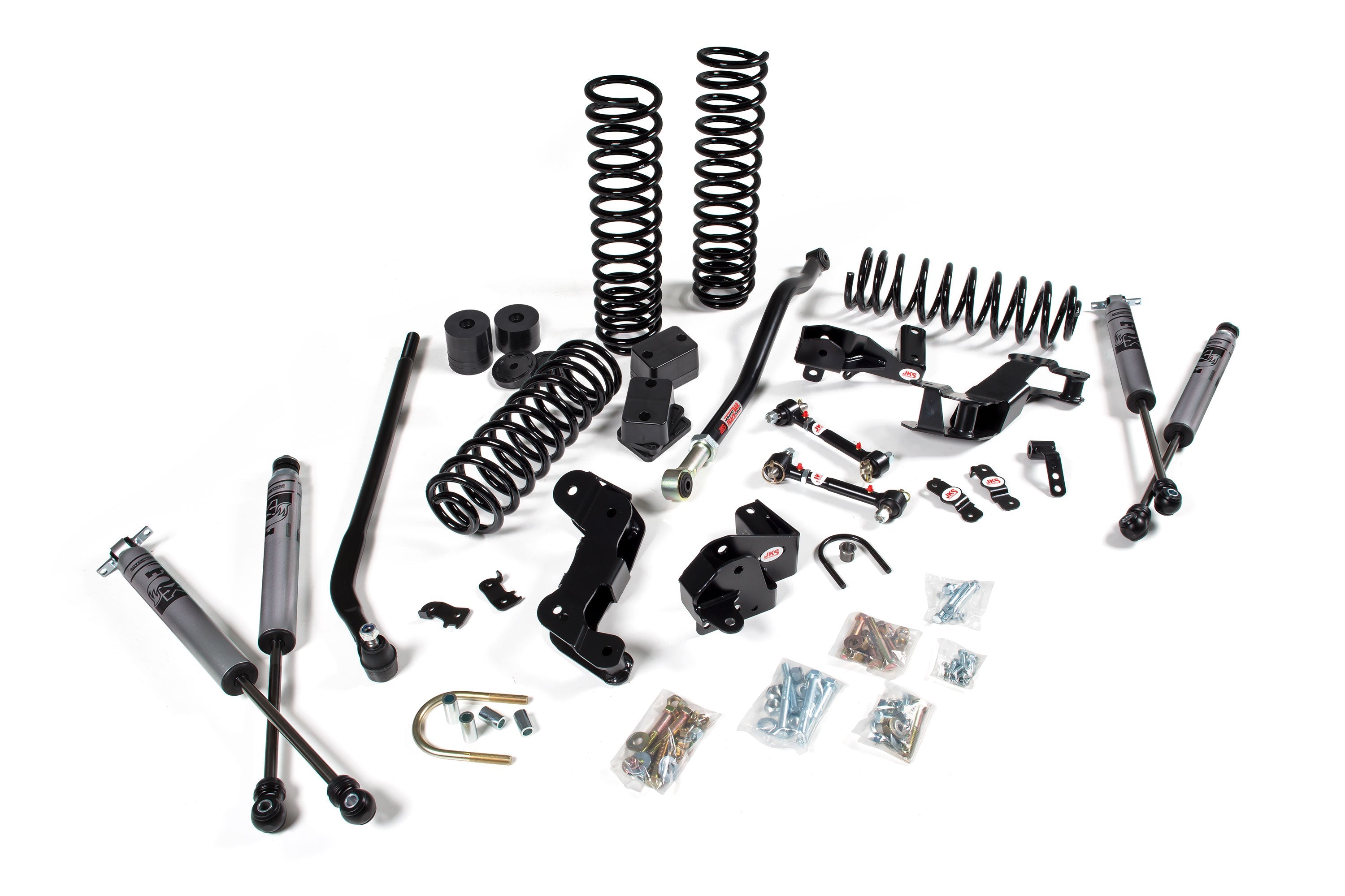 Enhance your jeep's suspension system with our JKS 3.5 Inch Jeep Wrangler JK (06-18) 2 Door J-Kontrol Lift Kit, designed for optimal steering angles and equipped with top-quality springs.