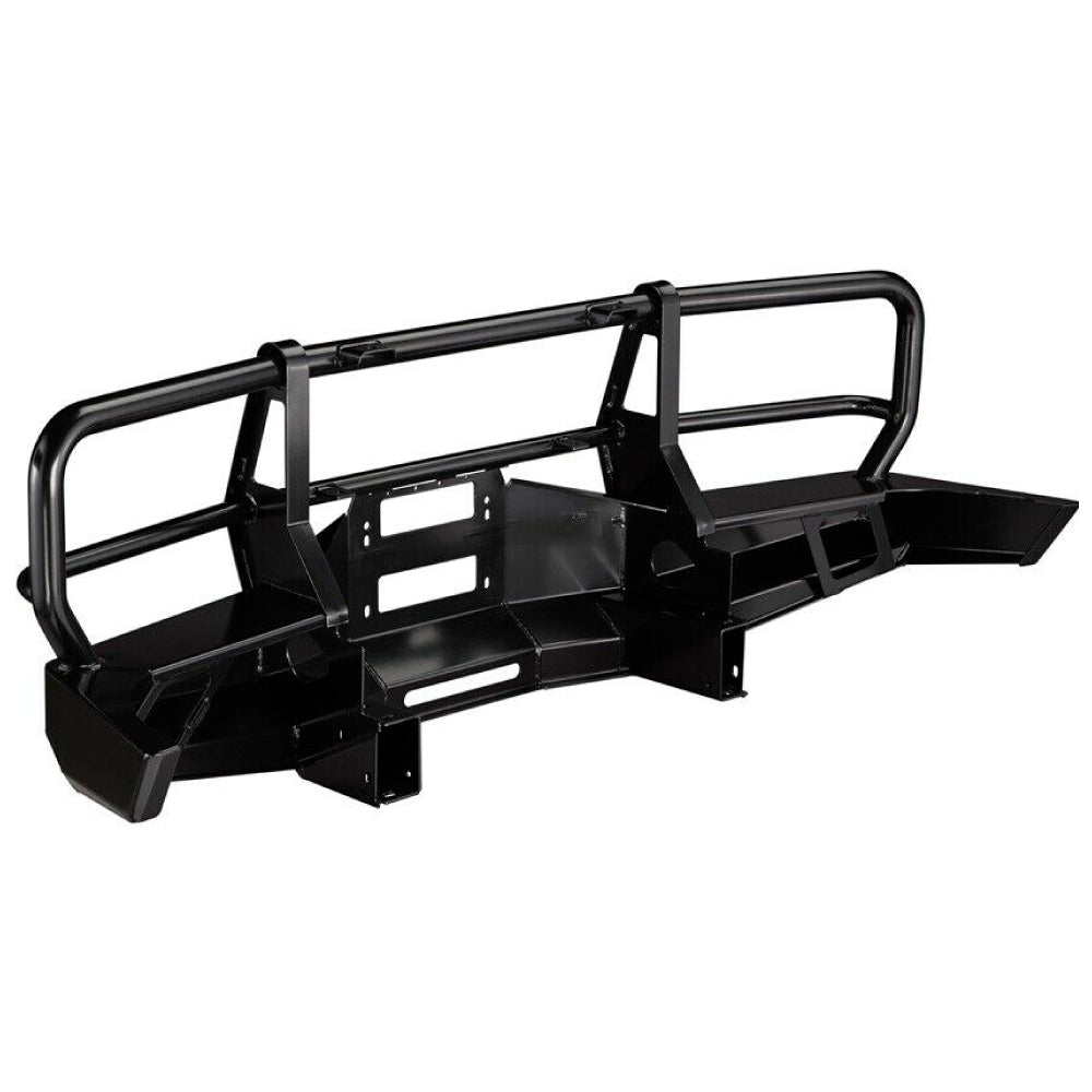 An ARB Deluxe Winch Front Bumper 3411050 with durable steel construction for a Toyota Land Cruiser off-road vehicle.