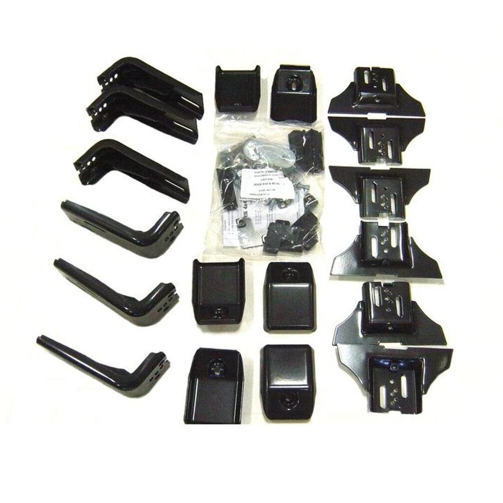 A set of black parts and accessories for a car, including a ARB Roof Rack Mounting Kit for NISSAN and Toyota Land Cruiser with a stainless steel fitting kit.