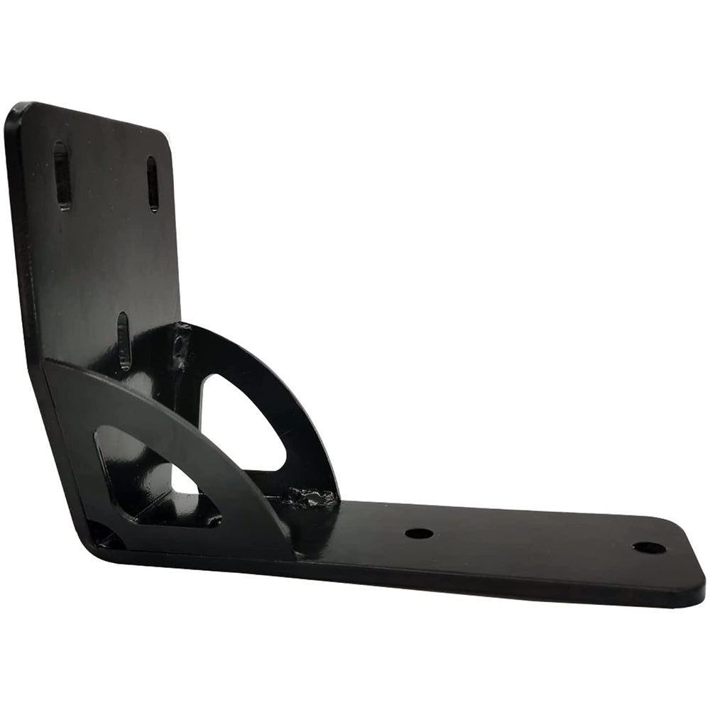 A black metal ARB Awning Bracket 50mm(2) With Gusset 813402, suitable for roof awing bars, with two corrosion resistant holes.