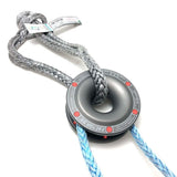 A Factor 55 Rope Retention Pulley Snatch Block 00260 with a donut on it is attached to a winch rope.