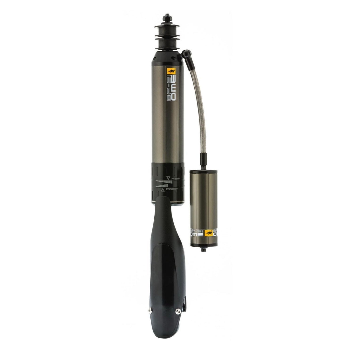 A black and yellow OME air compressor with Old Man Emu BP-51 Rear Shock Absorber LH BP5160011L for Toyota Tacoma (2005-2015) on a white background.