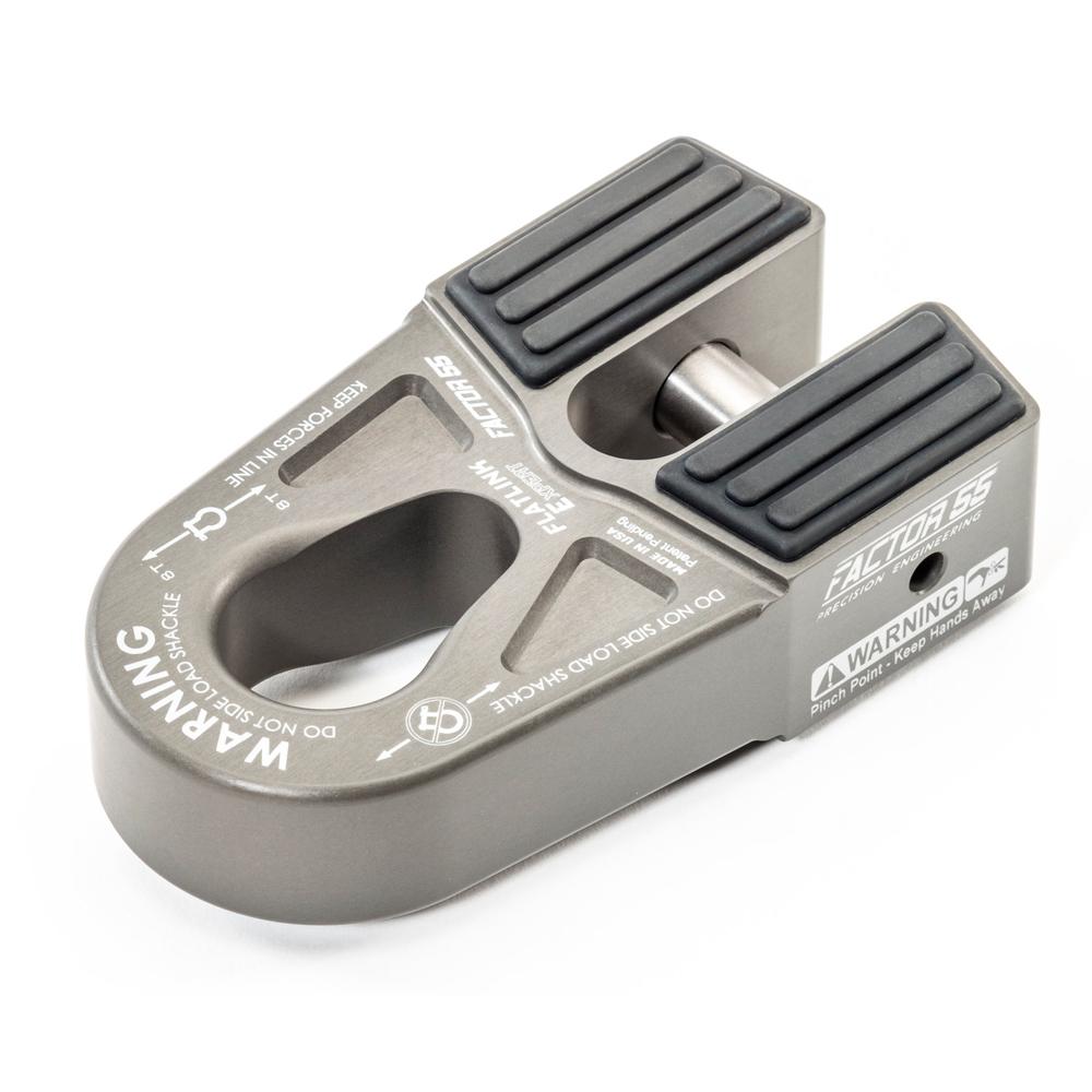 A Factor 55 FlatLink E (EXPERT) Schackle Mount - Gray 00080-06, a gray metal clamp with a black handle, designed for closed system winching.