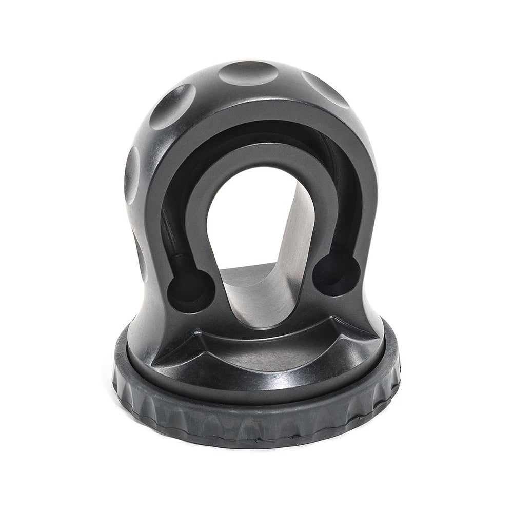 A Factor 55 Splicer Shackle Mount Thimble in black 00352-04, designed for use with synthetic winch ropes.