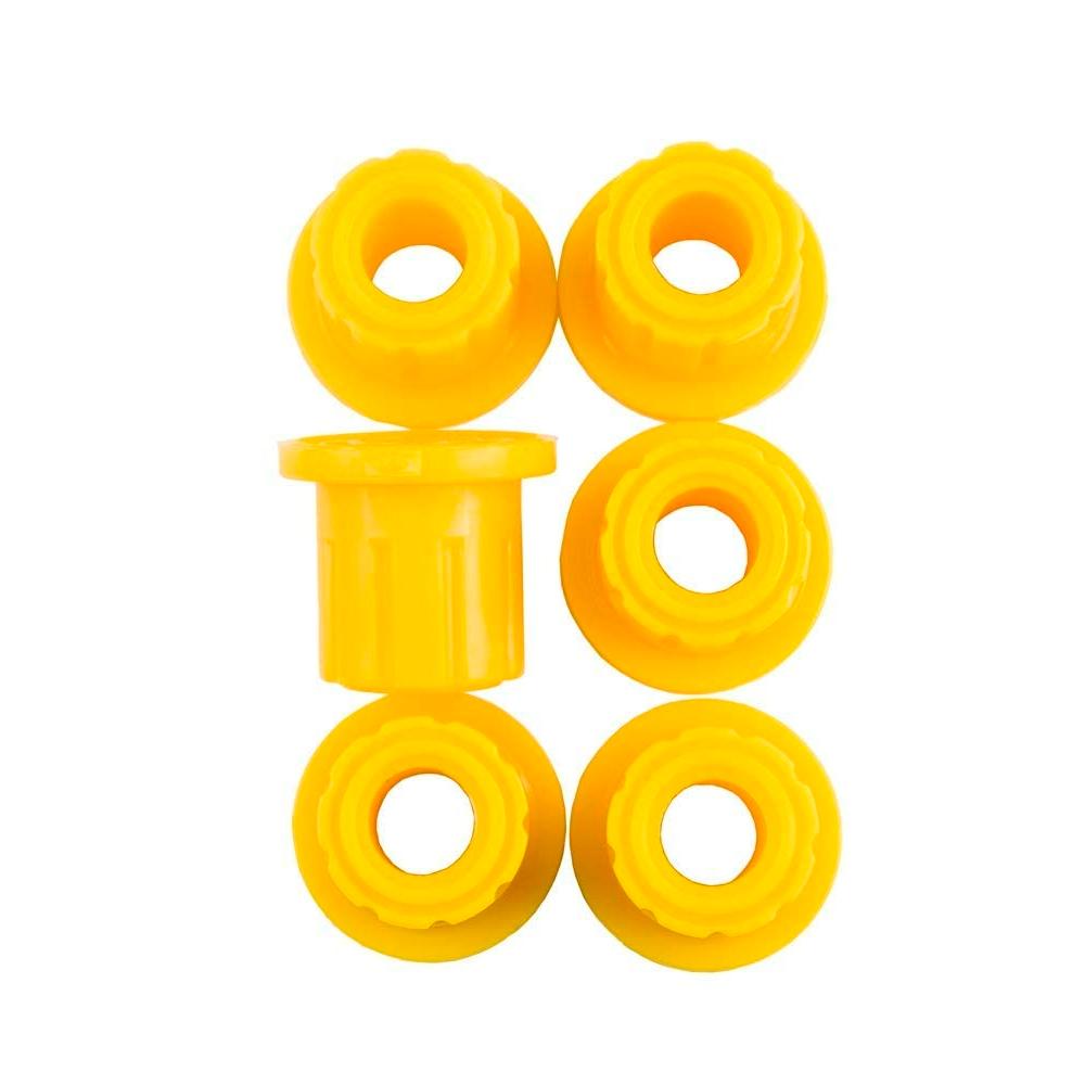 Six yellow OME Leaf Spring Bushing Kit OMESB108 for Toyota Tacoma (1998-2022) Old Man Emu provide enhanced suspension for off-road drivability on a white background.