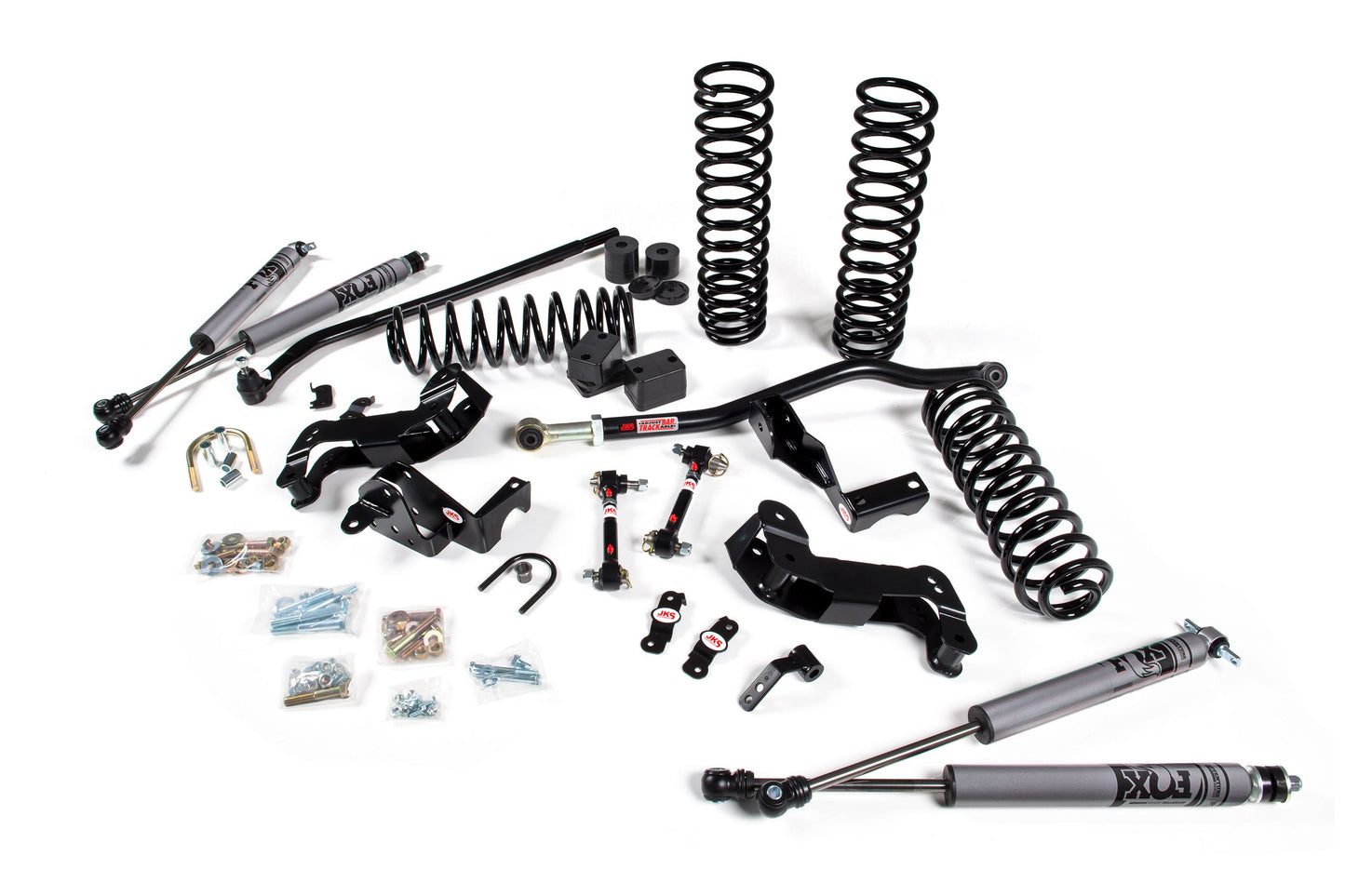 A JKS suspension kit for a Jeep Wrangler JK (06-18) 2 Door with advanced offroad articulation and enhanced steering angles, including top-quality springs.